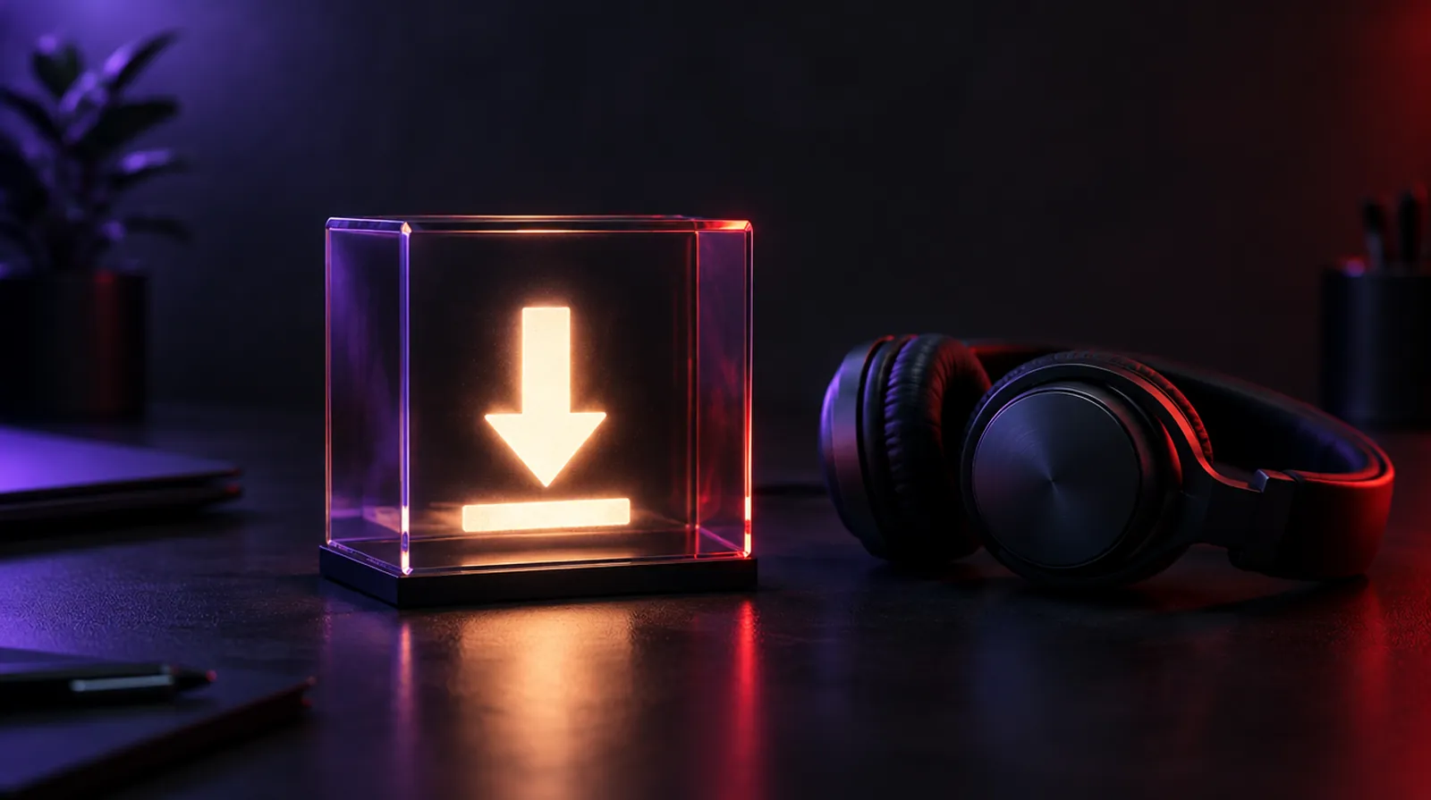 A glowing download arrow locked inside a glass box on a studio desk