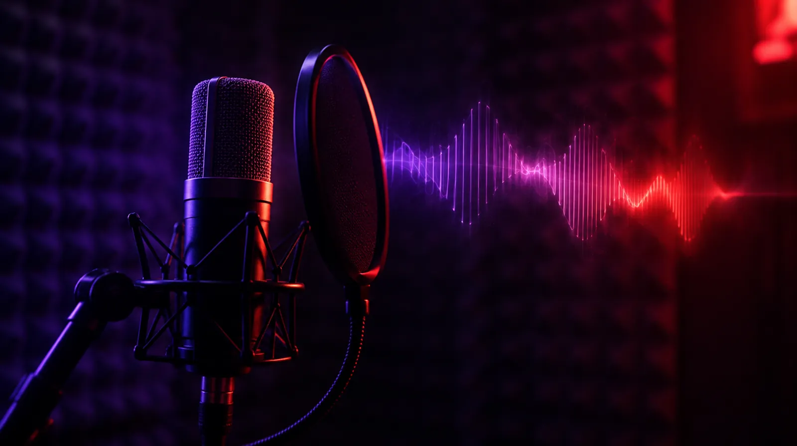 A condenser microphone with pop filter in a dark vocal booth