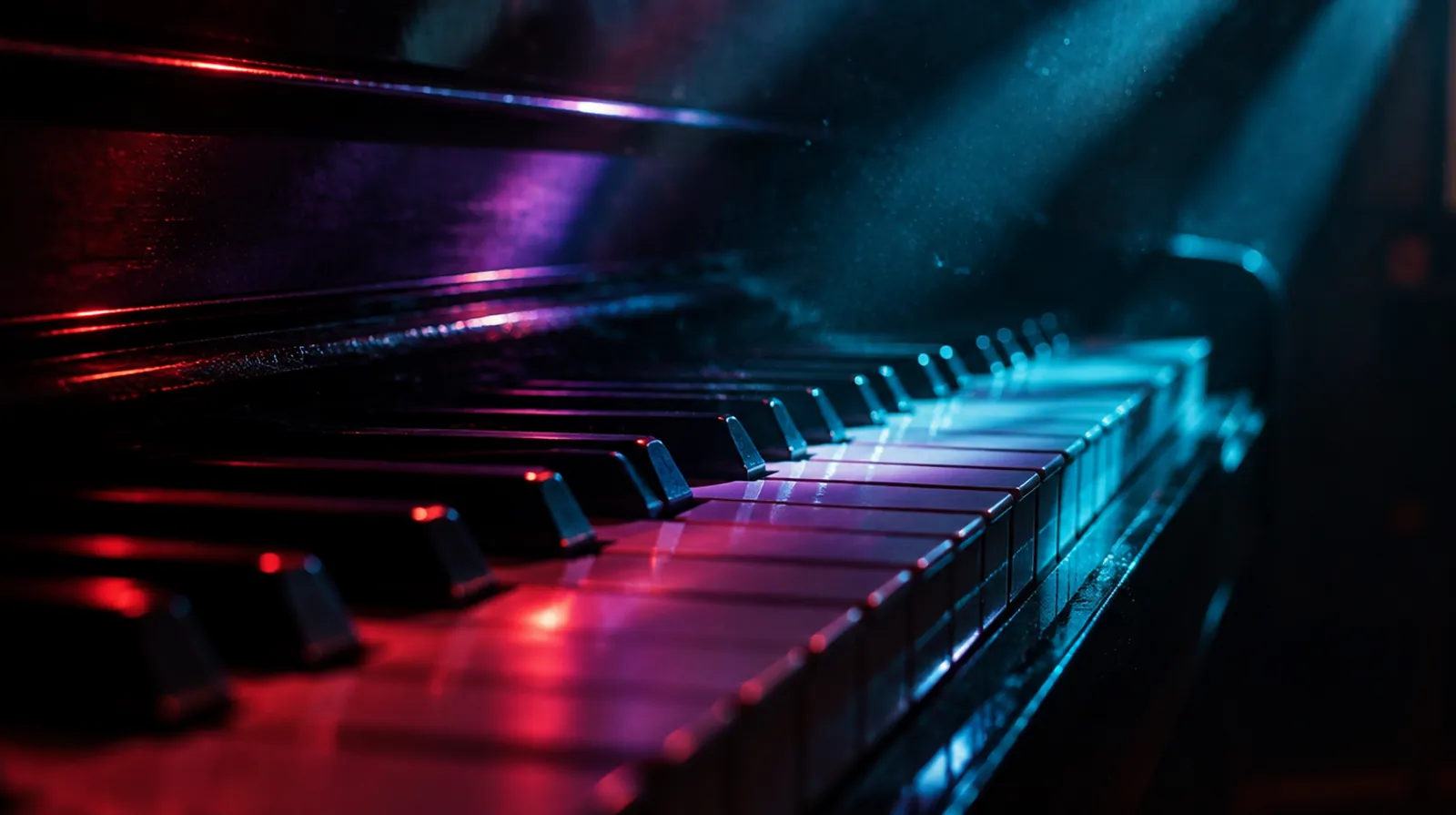 Piano keys in a dark room with red, violet and cyan light across them