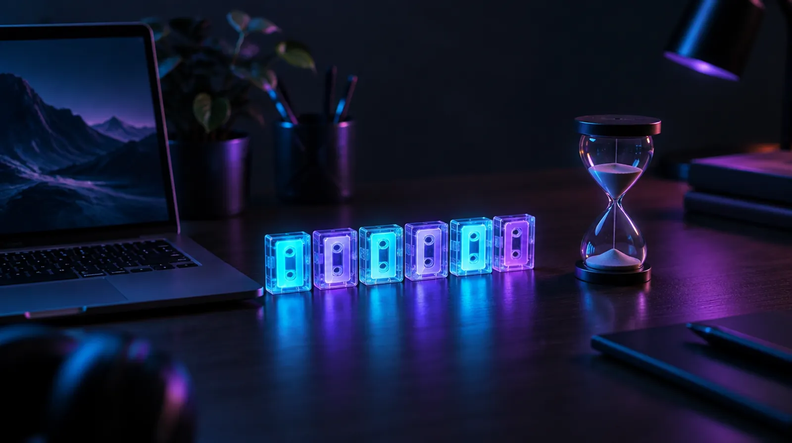 A row of glowing cassette tiles beside an hourglass on a studio desk