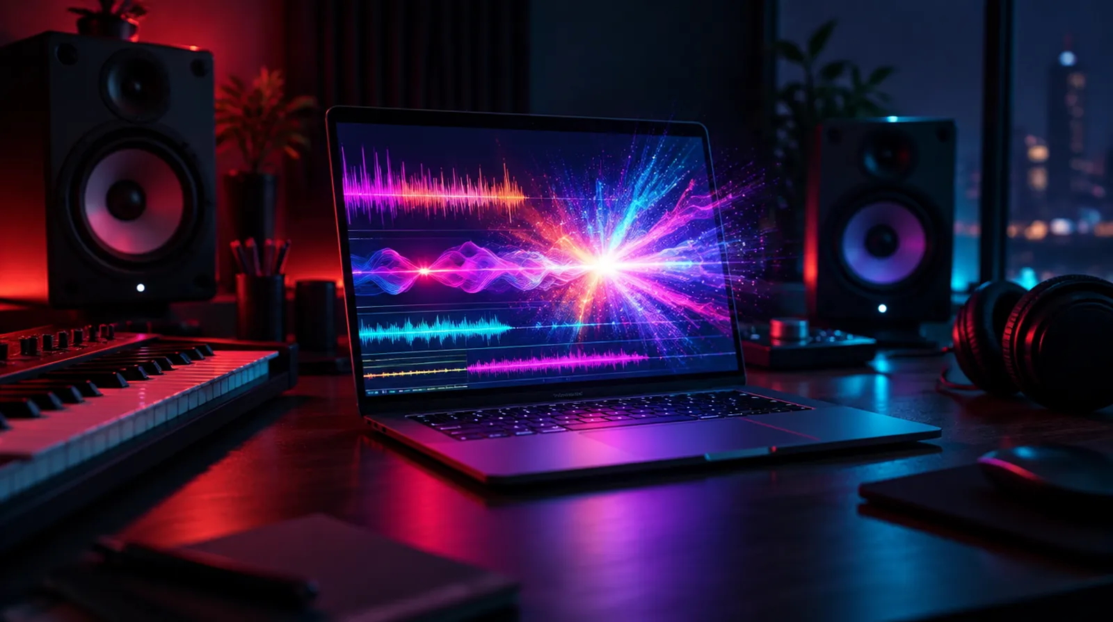 Laptop in a dark home studio with colorful audio waveforms bursting from the screen