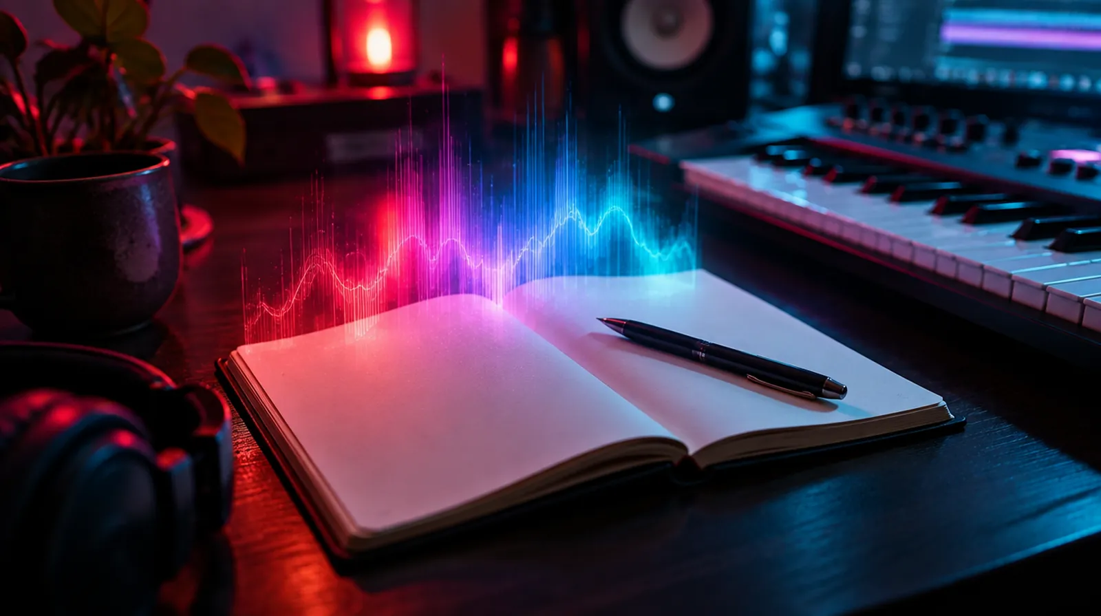 A songwriter notebook with light rising off the page next to a MIDI keyboard