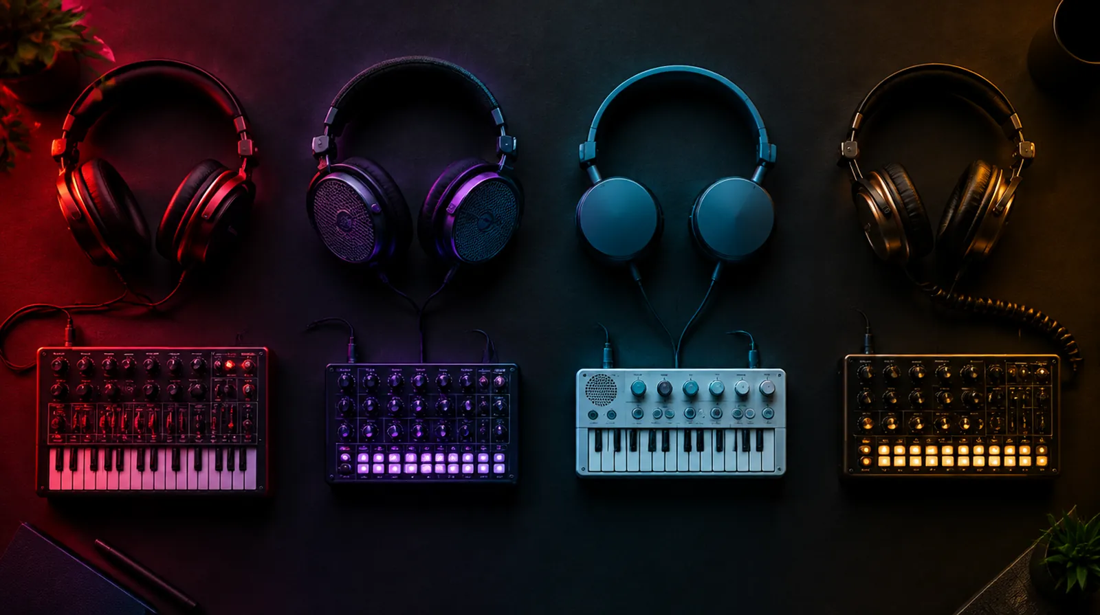 Four pairs of headphones and small synthesizers lined up as options
